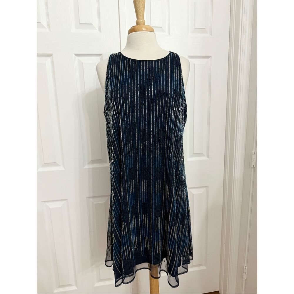 Belle Badgley Mischka Womens Navy Sequin Beaded Sleeveless Shift Dress‎ Size 14
